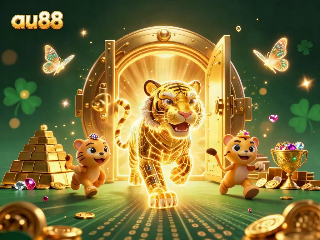 Experience the thrilling world of au88 with a golden tiger and treasures in a vibrant digital casino.