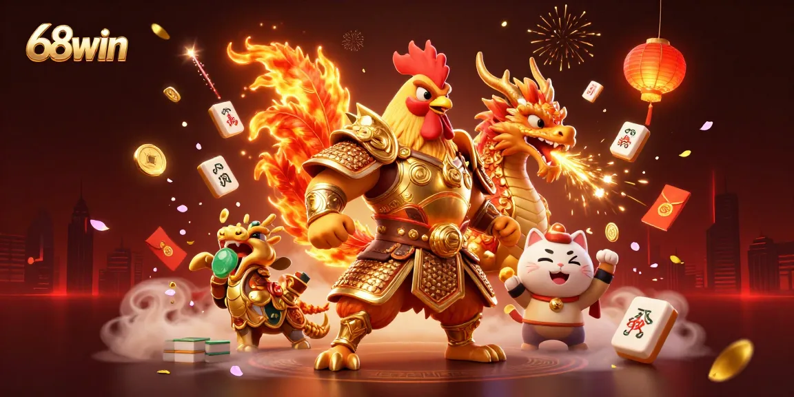 Experience thrilling gaming action with 68win’s vibrant rooster warrior and dragon hatchling.