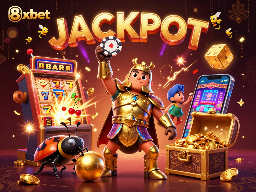 Experience the thrill of 8xbet's jackpot with a hercules beetle celebrating wins!