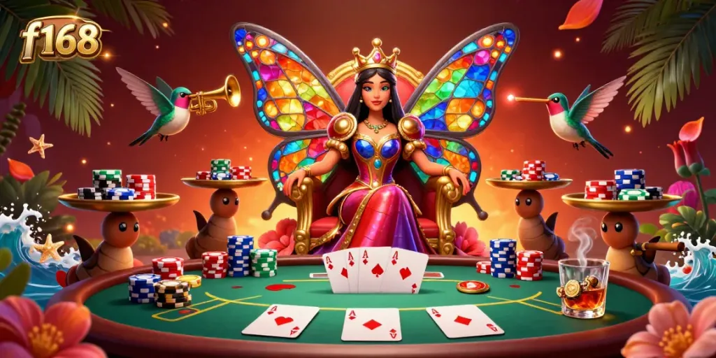 Experience f168's casino magic with a regal butterfly queen, vibrant poker elements, and rich decorations.
