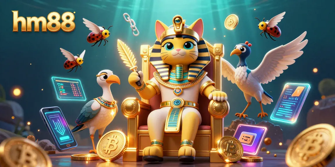 Join the excitement at hm88 with our Egyptian pharaoh cat amidst crypto coins and vibrant casino action.