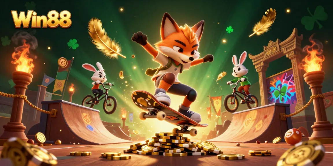 Win88 showcases a vibrant scene with a skateboarder fox and BMX rabbit performing tricks amidst casino symbols.