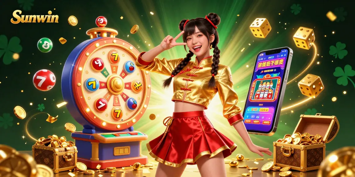 Play vibrant casino games with Sunwin, featuring a joyful Asian woman celebrating a jackpot amidst exciting gaming elements.