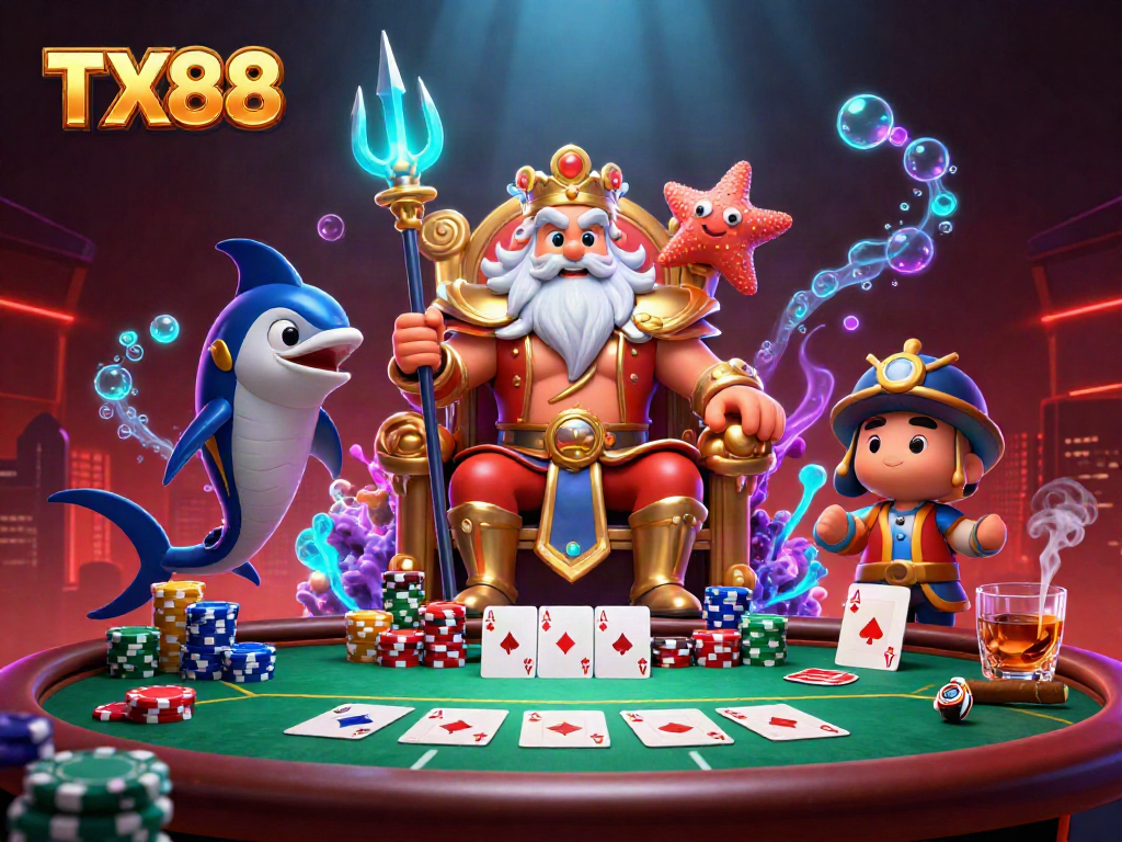 Join the action at TX88 with a vibrant poker scene featuring a regal Neptune and his samurai bodyguard.