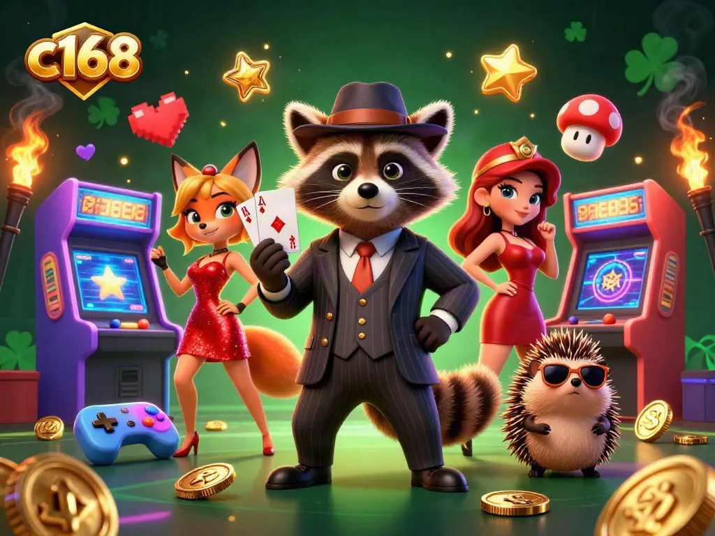 Engage with c168's thrilling casino scene featuring raccoon, fox, and hedgehog characters amidst vibrant gaming elements.