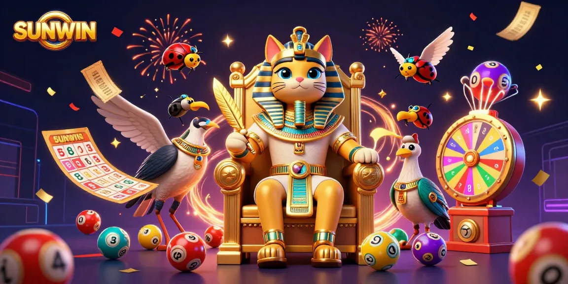 SUNWIN Pharaoh cat joins a vibrant casino scene with confetti, colorful balls, and golden tickets raining down.