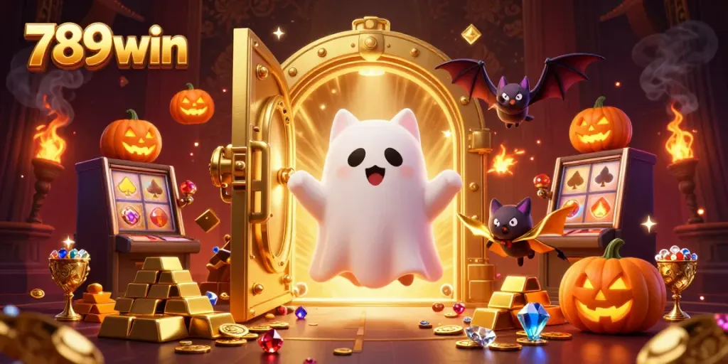Join the excitement at 789win with a friendly ghost cat exploring a haunted casino adventure.