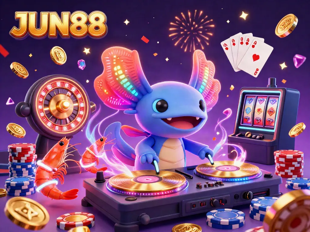 Experience the thrilling world of JUN88 with vibrant casino elements and colorful characters in action.