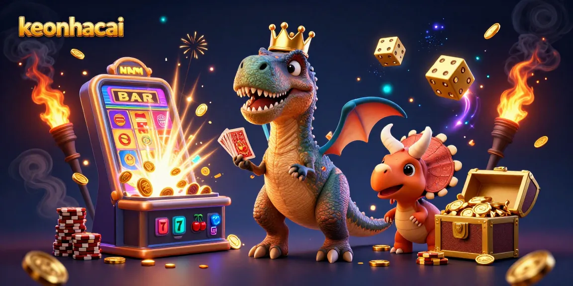 Engage in keonhacai with a cartoon T-Rex shuffling cards and a treasure chest bursting with winnings.