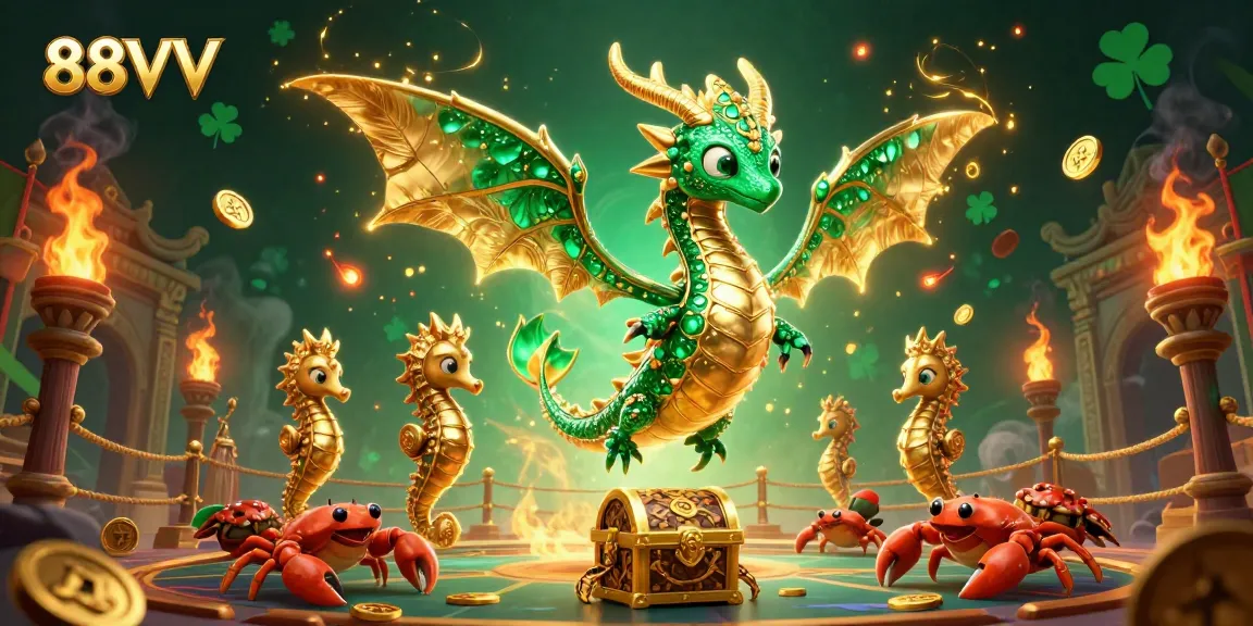 Bet on 88VV with the emerald sea dragon as it guards treasures, showcasing vibrant casino elements.