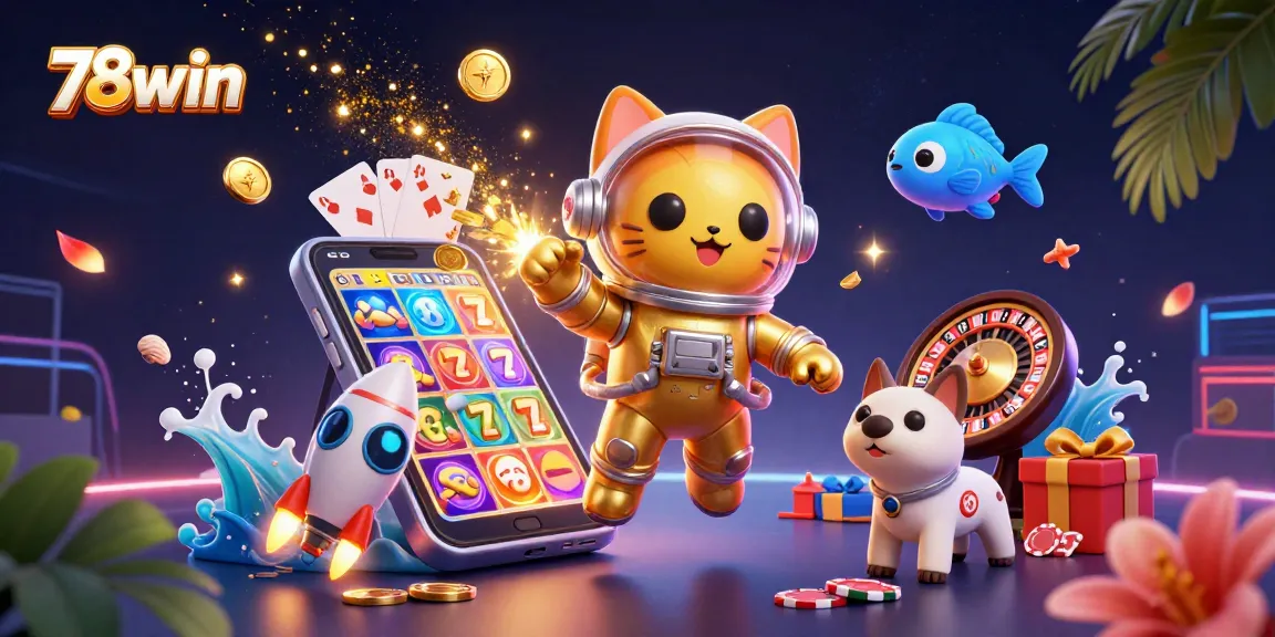 Engage with the vibrant 78win casino scene showcasing a space astronaut cat, robot dog, and golden star dust!