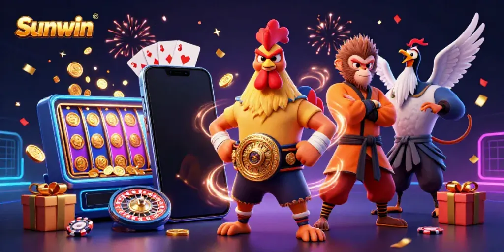 Engage with Sunwin's thrilling gaming world featuring vibrant characters and dynamic casino elements.