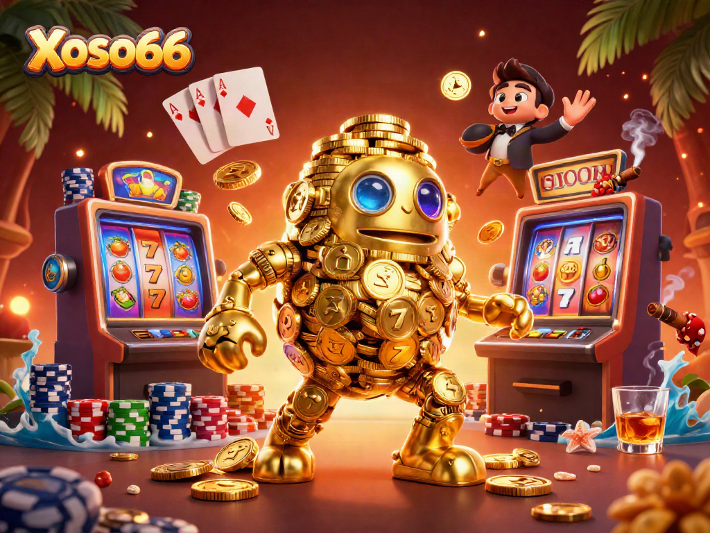 Xoso66 players engage with dynamic slot machines and golden golem amidst vibrant casino elements and rich textures.