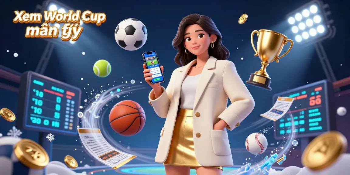 Xem World Cup miễn phí, immerse in live sports betting with a dynamic scene featuring sports balls and trophies.