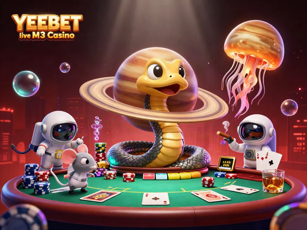 Engage in exciting gameplay at YEEBET live M3 Casino with vibrant 3D illustration of cosmic gambling scene