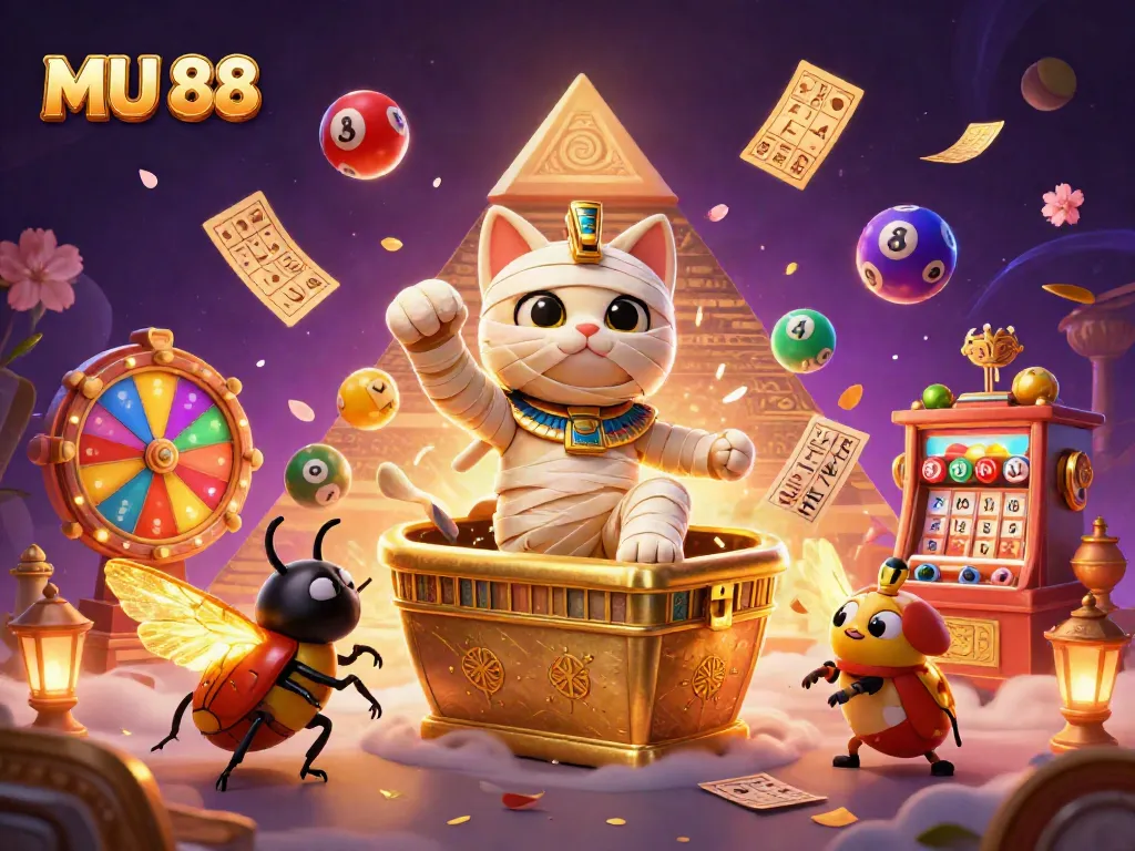Experience MU 88's thrilling action with a cartoon mummy cat and dynamic casino elements.