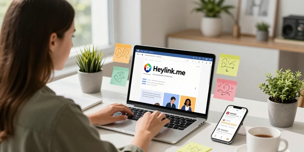 Pengusaha muda menggunakan GEGESLOT untuk menyesuaikan halaman Heylink.me di ruang kerja yang cerah.