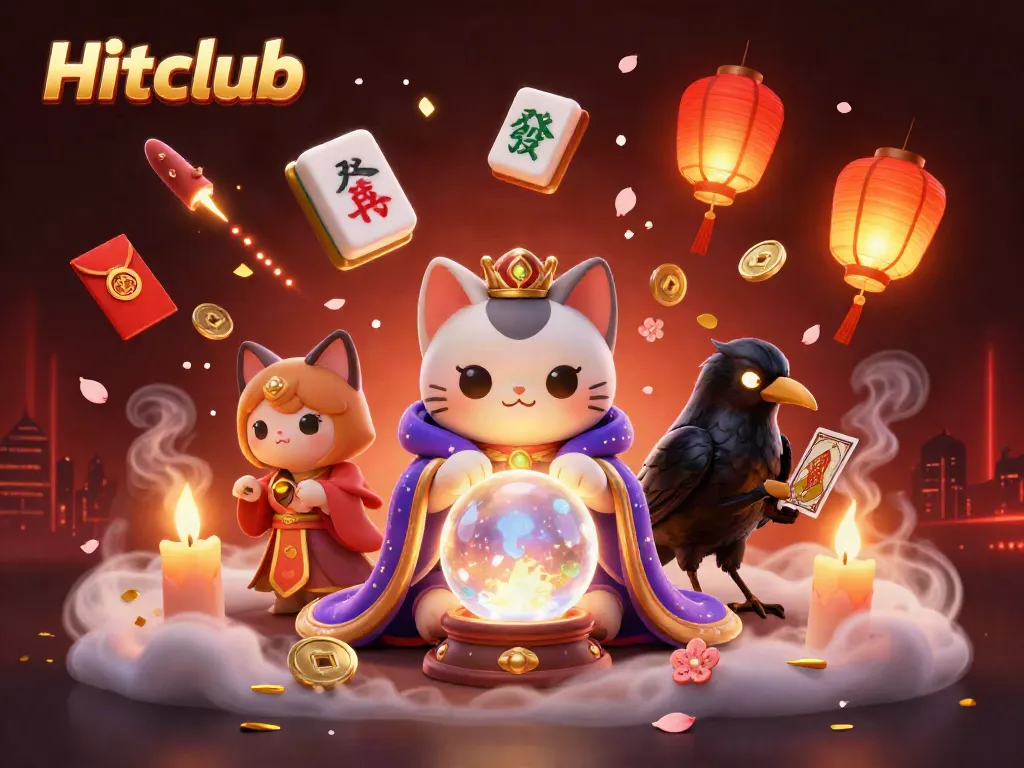 Experience the magic of Hitclub with a mystical cat and raven amidst vibrant casino symbols.