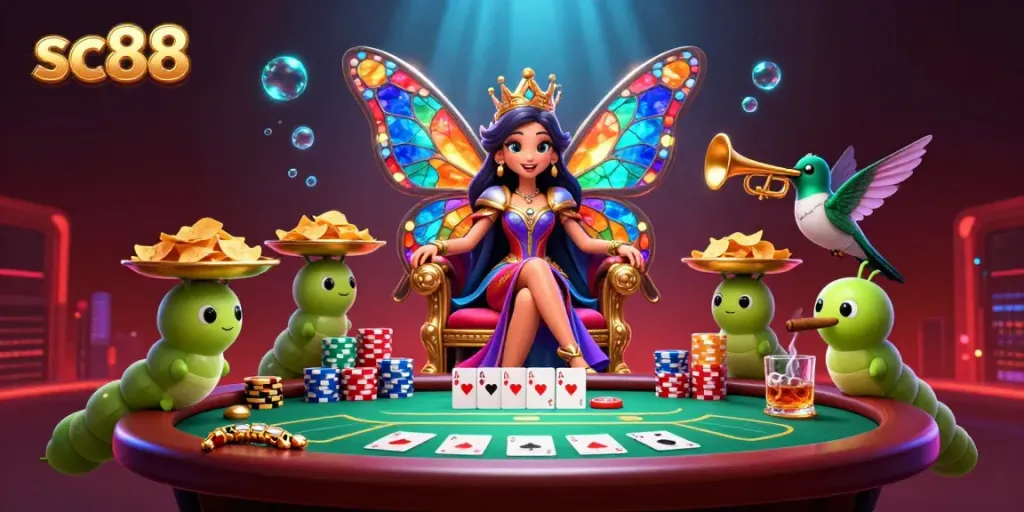 Engaging scene at sc88 showcasing a butterfly queen on a floral throne amidst vibrant poker elements, perfect for players.