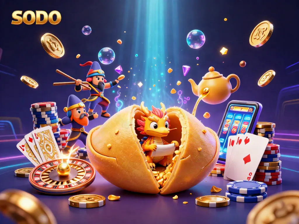 SODO's vibrant 3D casino scene with golden coins, a wise dragon, and dynamic gaming elements.