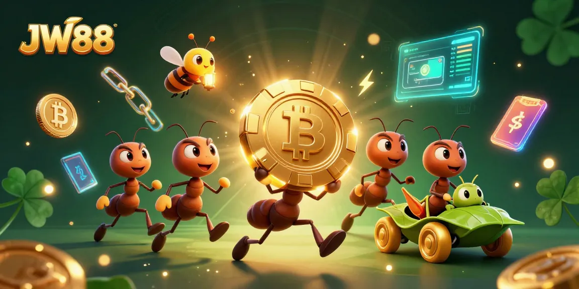 JW88 showcases a thrilling heist scene with ants transporting a giant poker chip amidst vibrant crypto elements.