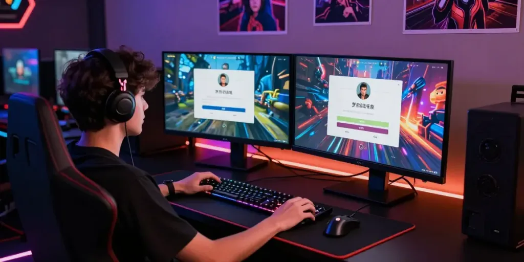 Engaging rokok88 login scene with gamer at dual monitors, showcasing vibrant graphics and modern gaming setup.