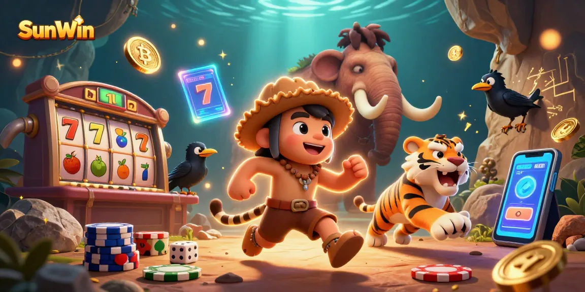 Engage in thrilling actions at SunWin's prehistoric casino with caveman characters and vibrant game elements.