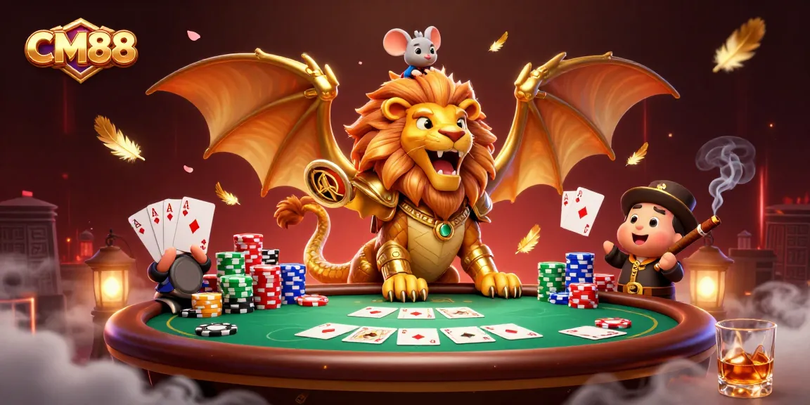 CM88's triumphant chimera creature and mouse jockey elevate the gaming experience, surrounded by vibrant poker elements.