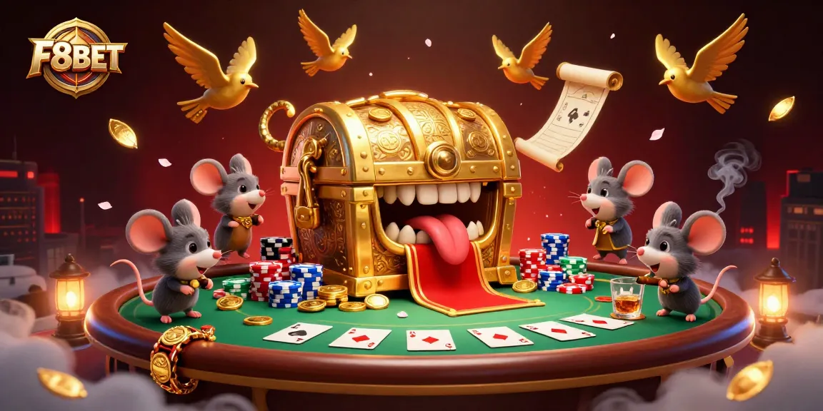 Experience excitement with F8BET's captivating 3D casino scene featuring poker elements and treasure.