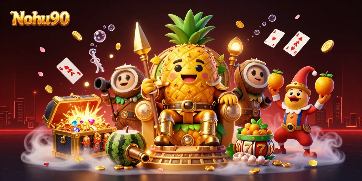 Nohu90 features a vibrant beach casino scene with a golden pineapple king and dynamic gaming elements.