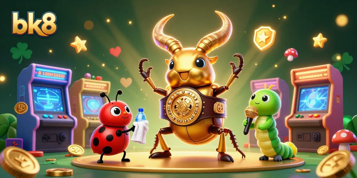 Engage with vibrant bk8 gaming elements featuring a golden stag beetle champion, ladybug corner-man, and caterpillar announcer.
