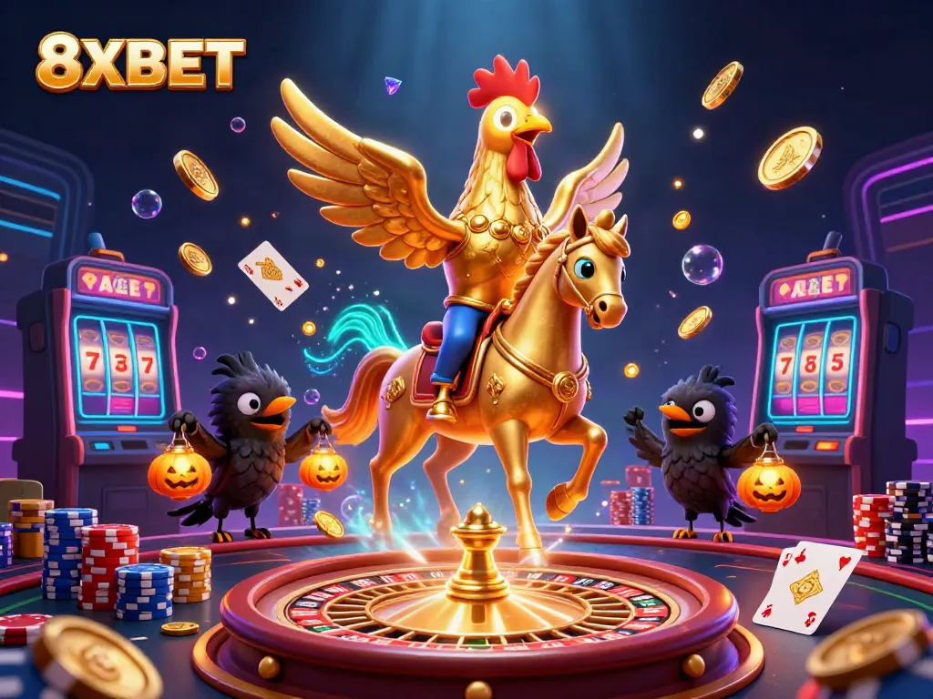 Experience thrilling gaming with 8XBET in a vibrant, illuminated casino atmosphere.