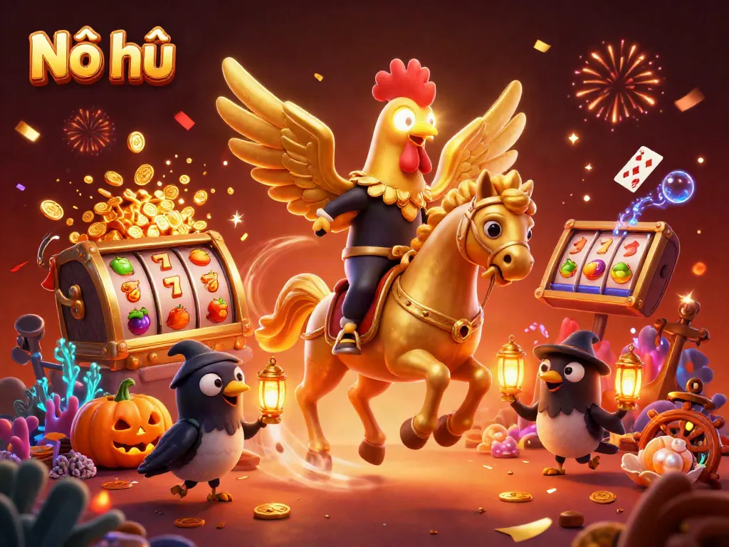 Nổ hũ slot game vibrant scene showcasing a golden rooster, immersive casino elements, and jackpot symbols