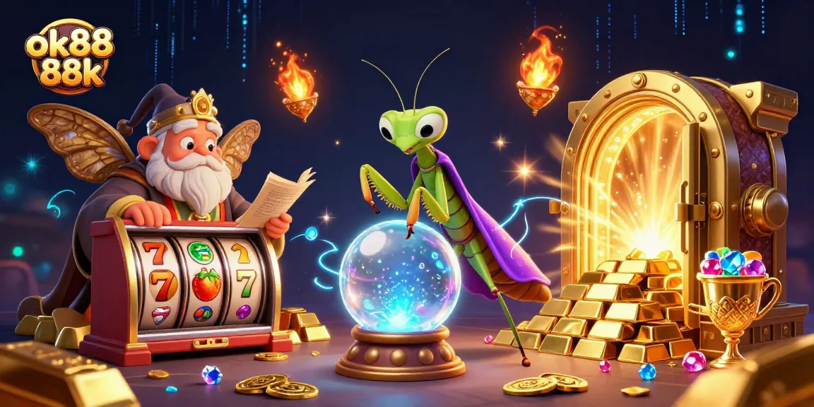 Engage in the magic of ok88 88k with a colorful scene featuring a fortune teller and slot elements.