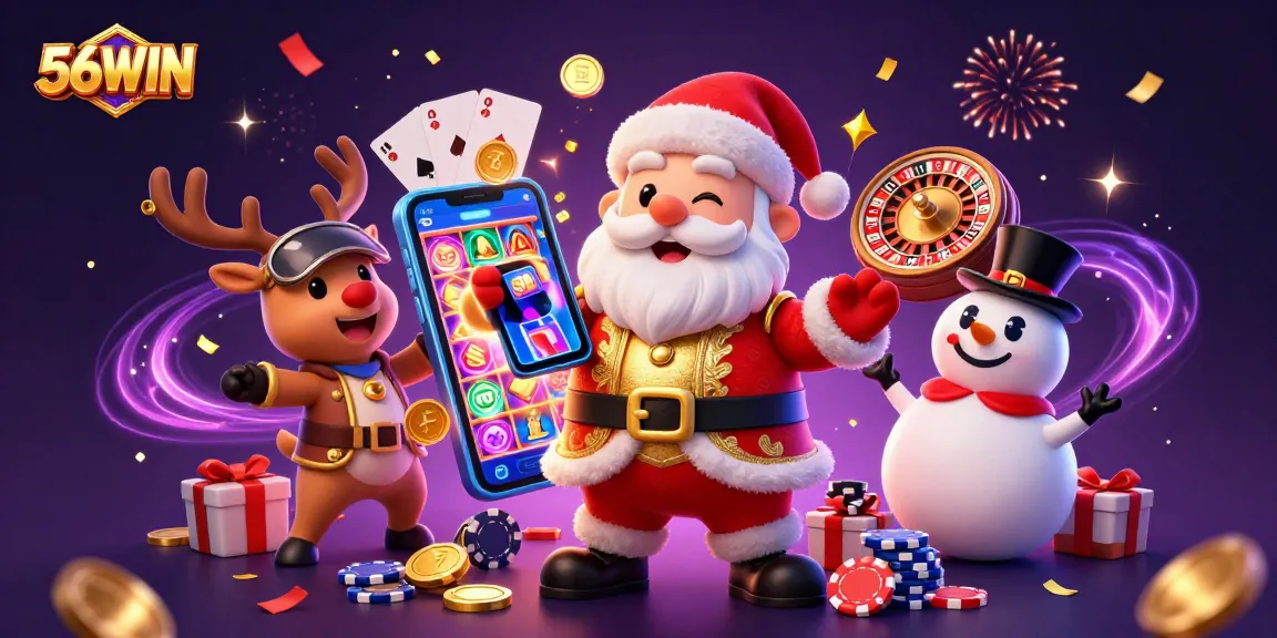 Engage with exciting slots at 56WIN casino featuring Santa Claus and friends in a vibrant 3D scene.