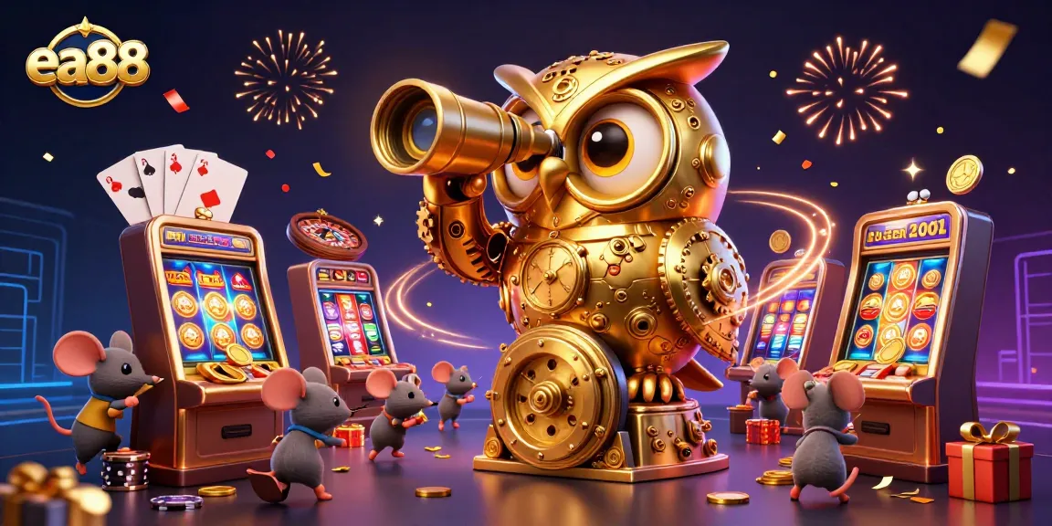 Play thrilling slot games at ea88 with a whimsical 3D illustration of a golden owl and slot machine action.