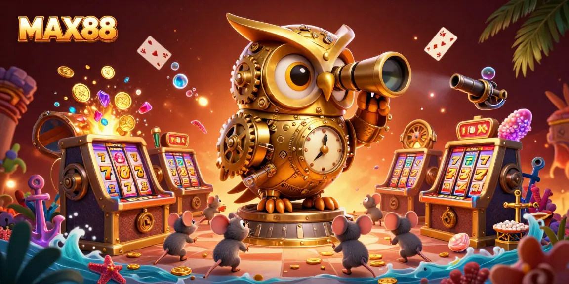 Experience MAX88's vibrant casino atmosphere with animated characters and riches in this 3D illustration.