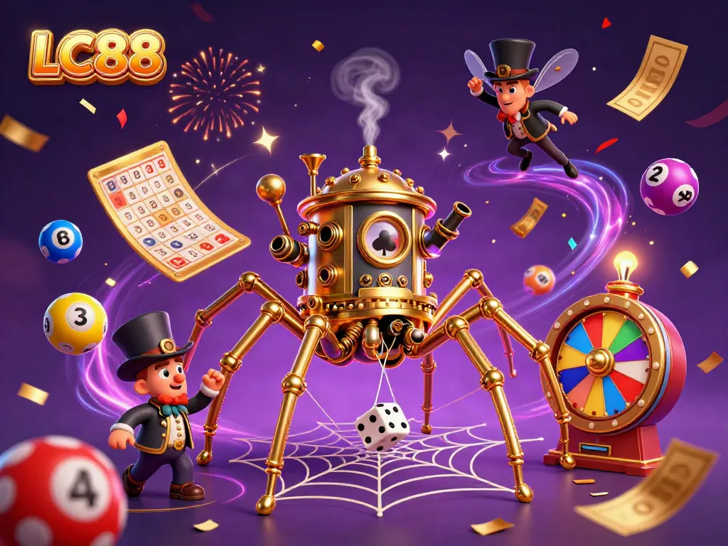 Engage in thrilling LC88 casino action with a steampunk spider and lucky dice, celebrating wins!