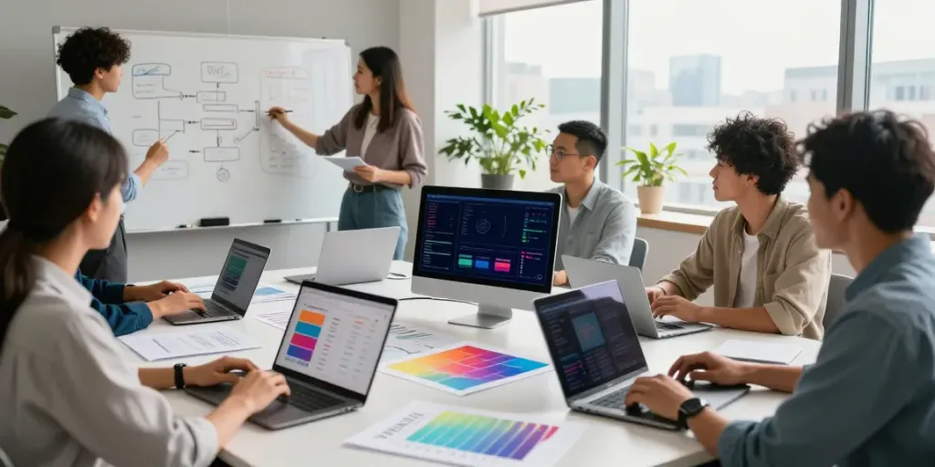 Dynamic team collaboration scene on instant indexing strategies in a modern office.