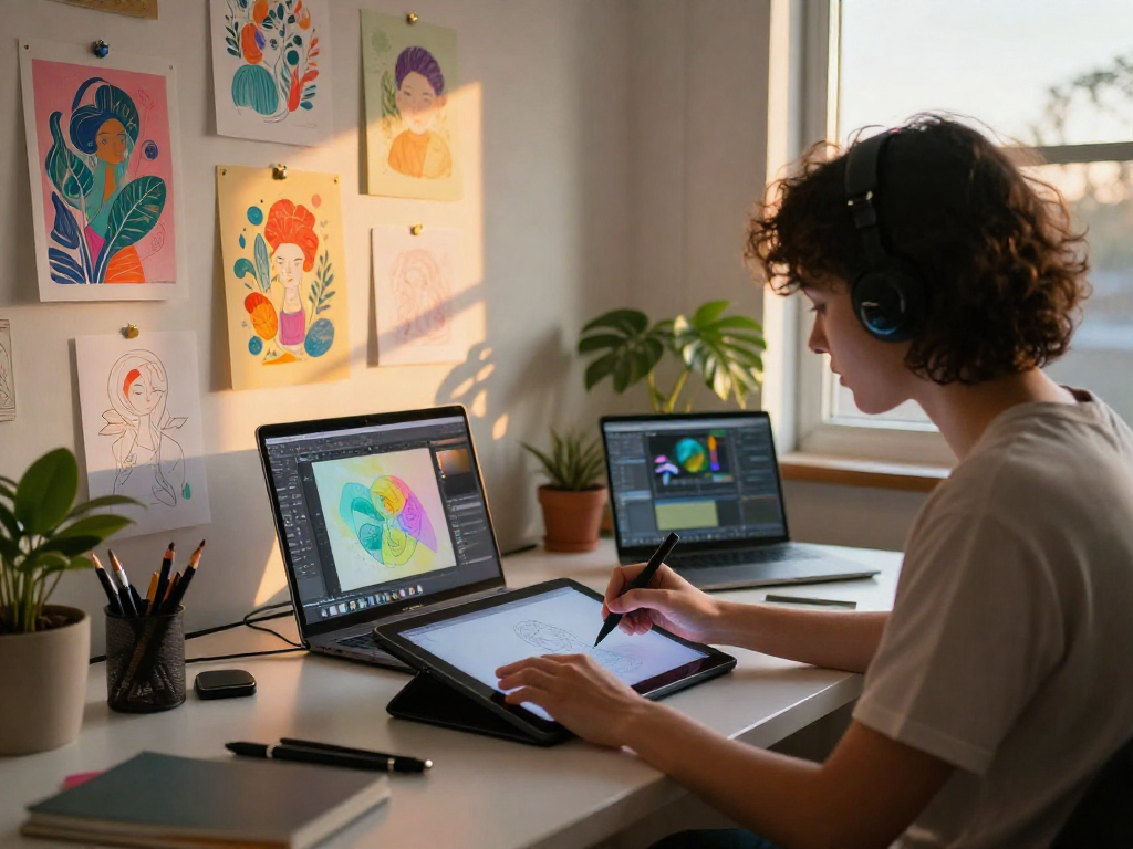 Artist creating captivating nsfw ai illustrations in warm, cozy studio ambiance.