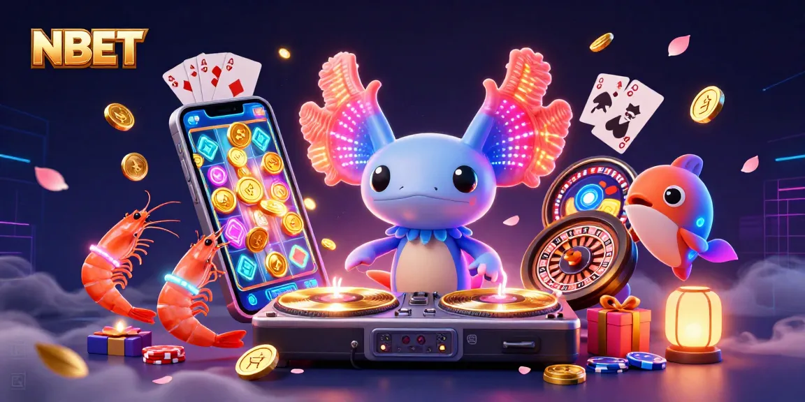 Experience NBET with a vibrant 3D casino scene featuring a DJ axolotl and energetic shrimp dancers.