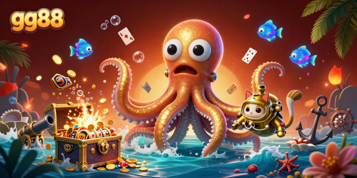 Experience thrilling gameplay with GG88, featuring an exciting kraken treasure scene full of vibrant casino elements.