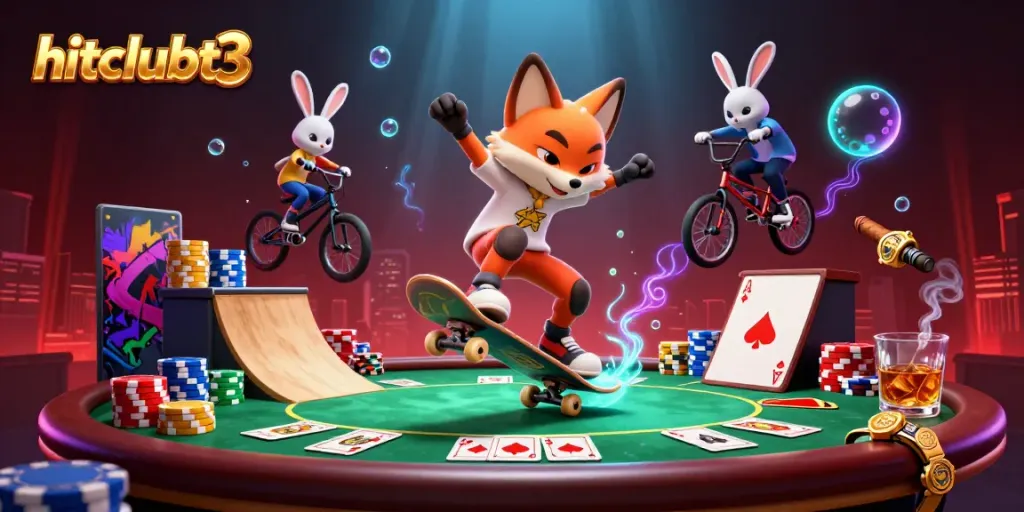Experience the thrill of gaming at hitclubt3 with a vibrant poker scene featuring cartoon characters in action.