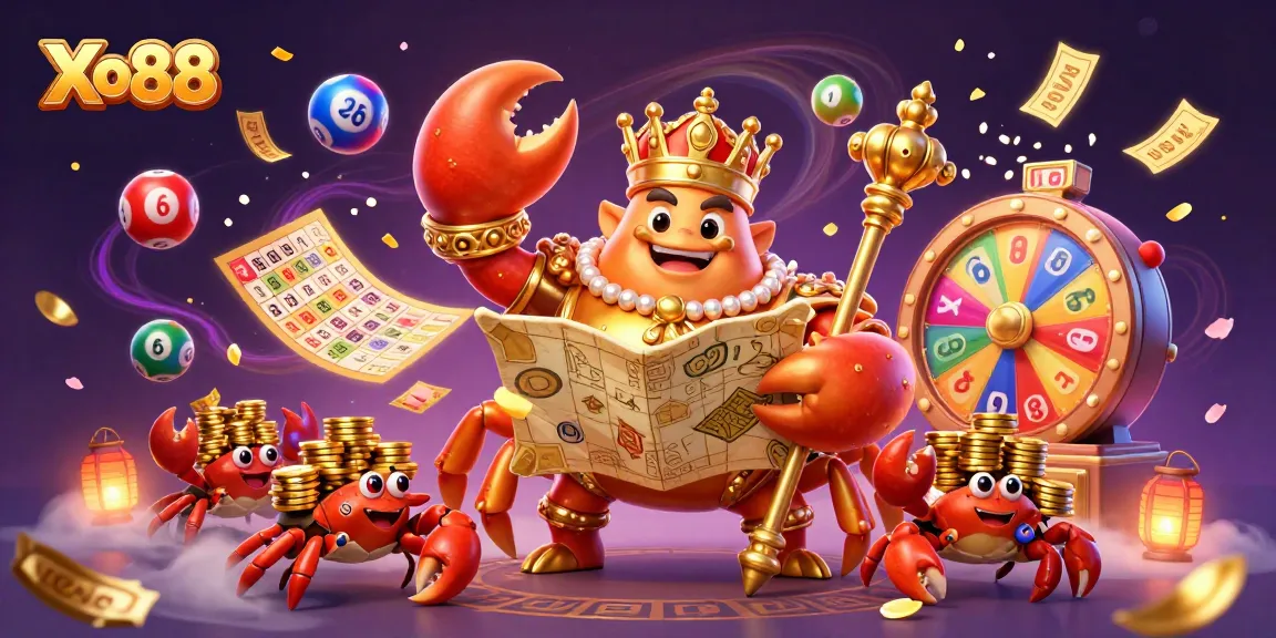 Xo88 engages players with a vibrant 3D casino scene featuring a golden crab emperor and lottery elements.