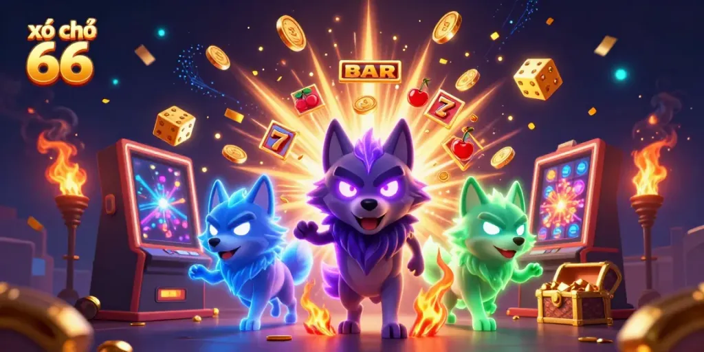 Win big with xổ số 66 as 3D wolf characters celebrate a jackpot amidst casino elements.
