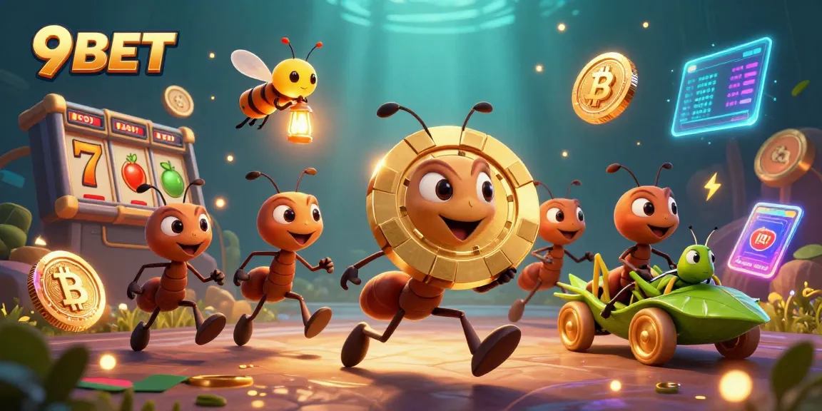 Engage with 9BET's vibrant world of slots, showcasing ants heisting a giant poker chip.