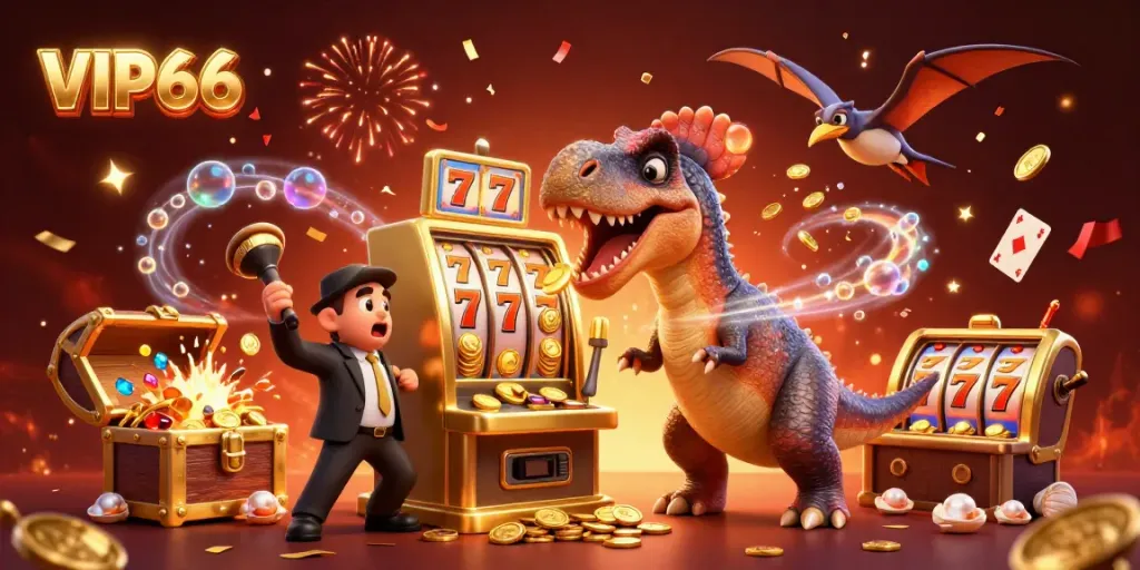 VIP66 slot machine jackpot with dinosaurs, golden coins, and dynamic casino elements.