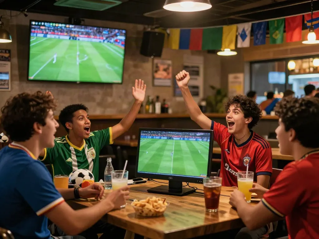 Fans enjoying a thrilling live soccer match on Socolive in a vibrant sports bar.