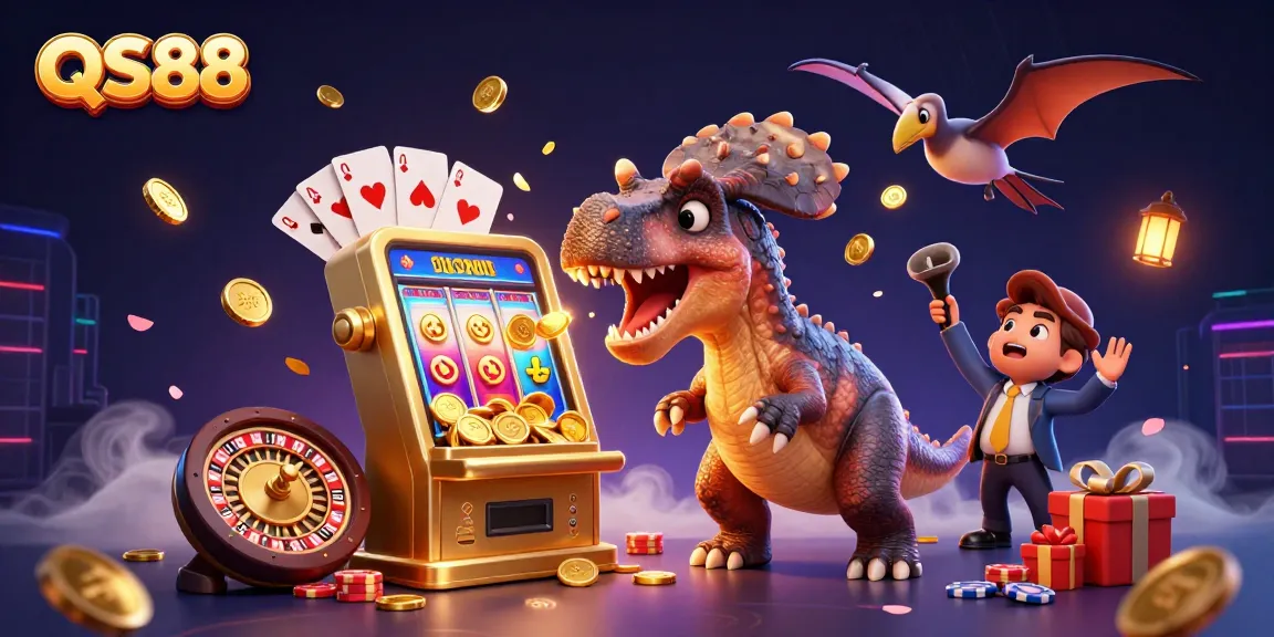 Experience the excitement of QS88 as a dinosaur interacts with a jackpot slot machine amidst floating coins and vibrant casino elements.