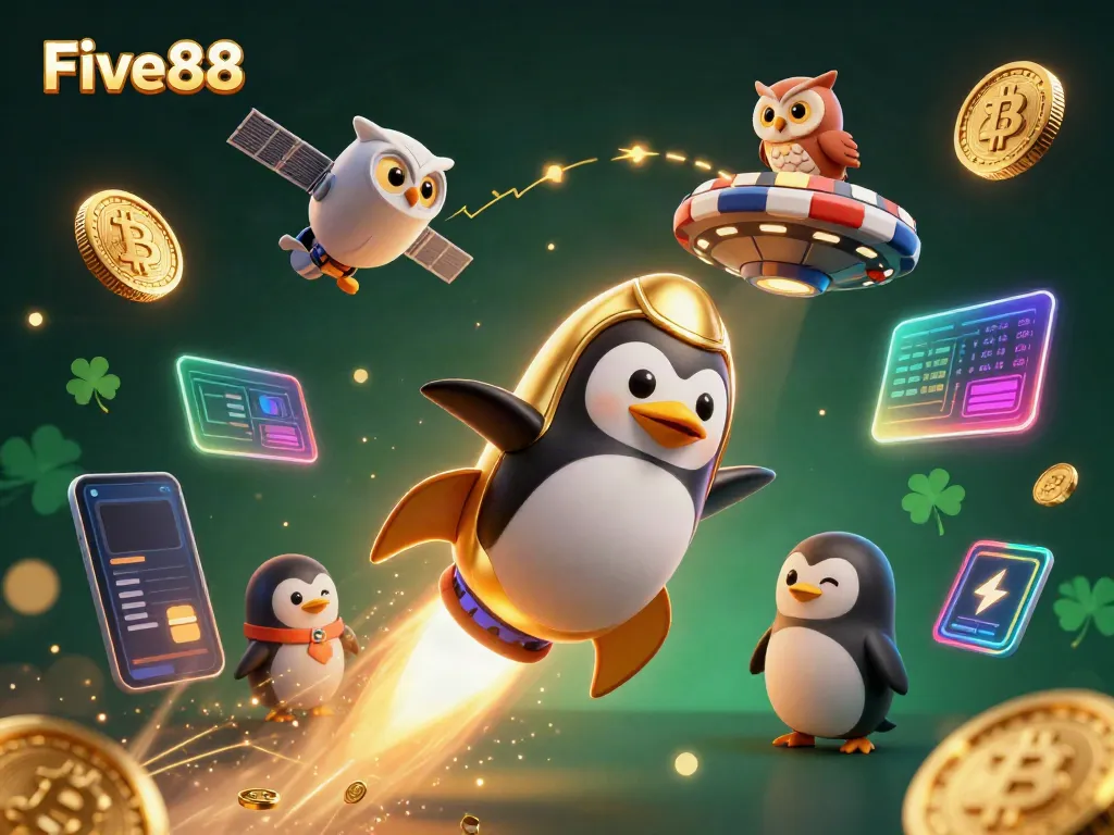 Experience the excitement of Five88 with a dynamic casino-themed illustration featuring a golden penguin and crypto elements.